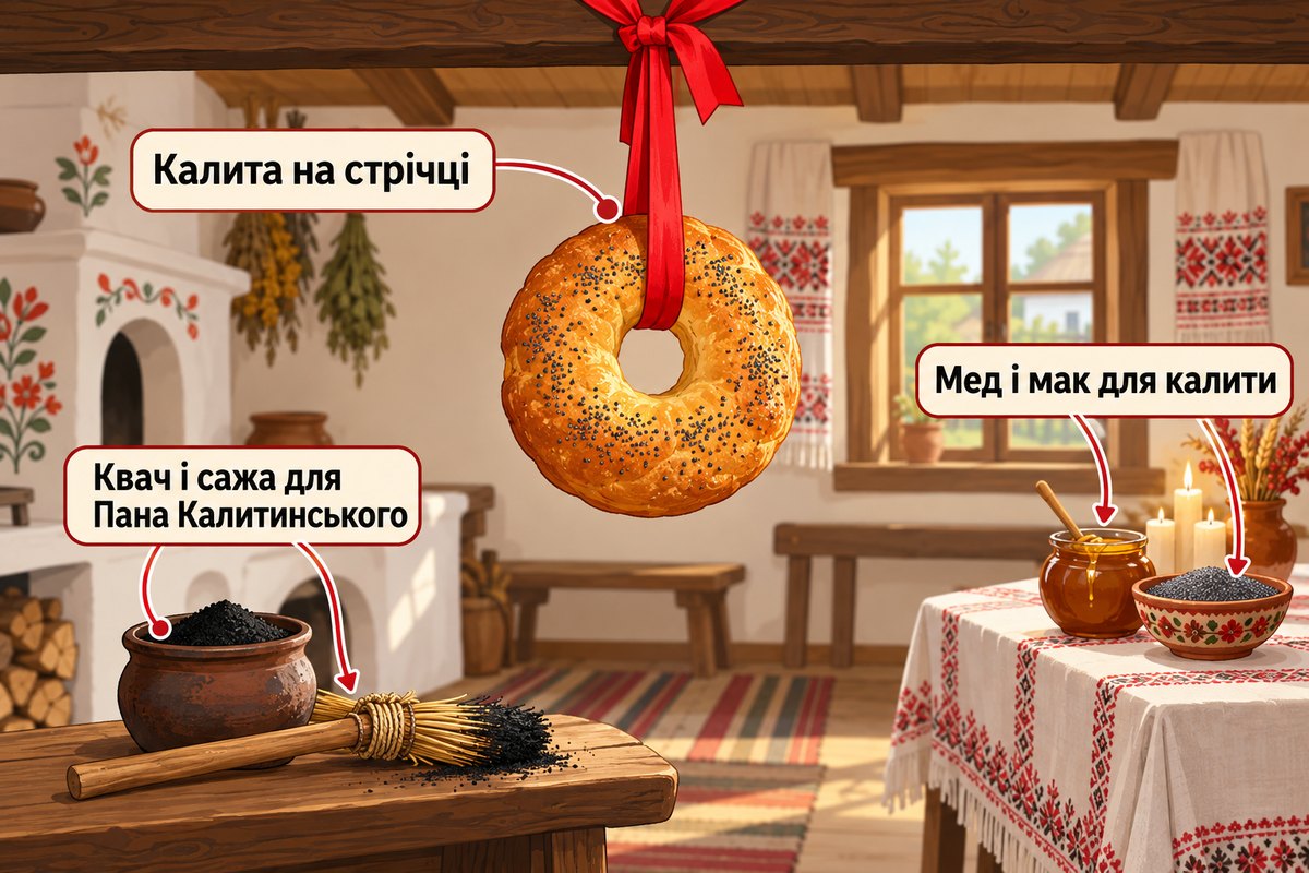 Калита на Андрія на червоній стрічці, квач для Пана Калитинського, мед і мак