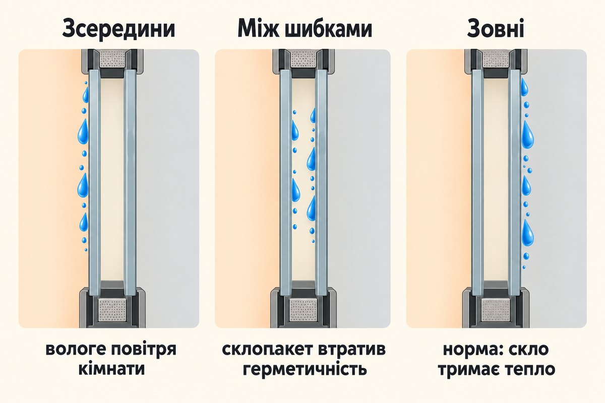 Конденсат на вікнах: зсередини, між шибками і зовні - три різні причини на схемі склопакета