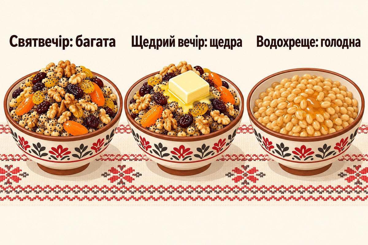 Три куті зимових свят: багата на Святвечір, щедра з маслом на Щедрий вечір і голодна на Водохреще