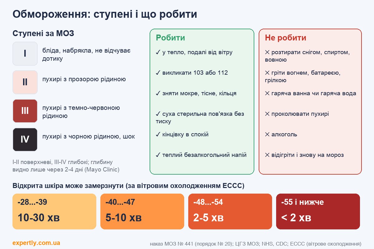 Обмороження: ступені за МОЗ, що робити і чого не робити, час до замерзання шкіри