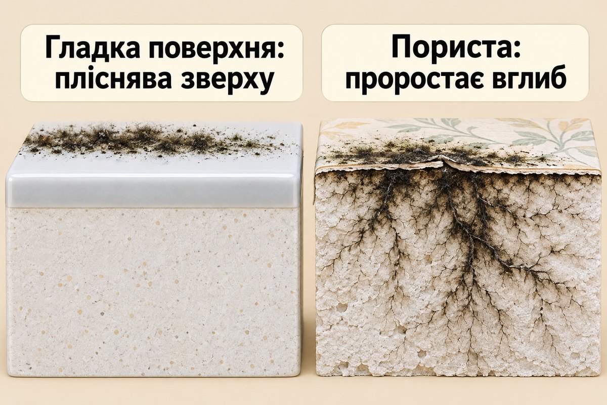Пліснява на стінах: на гладкій плитці зверху, у гіпсокартоні й шпалерах проростає вглиб