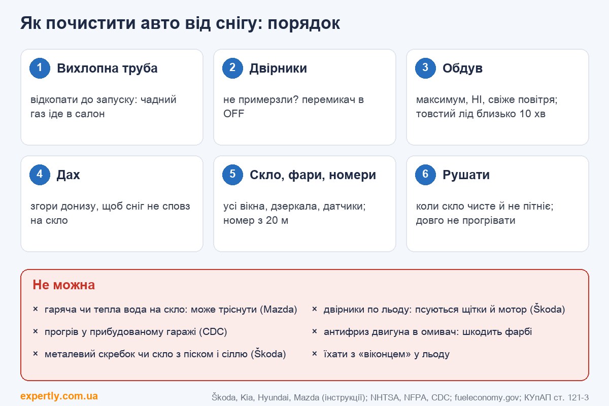 Як почистити машину від снігу: порядок дій від вихлопної труби до номерів і чого робити не можна