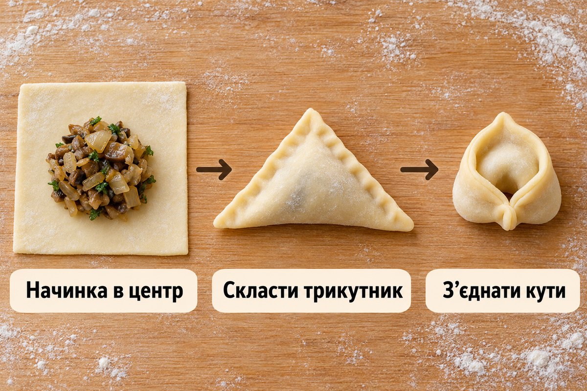 Як зліпити вушка до борщу: начинка в центр, скласти трикутник, зʼєднати кути